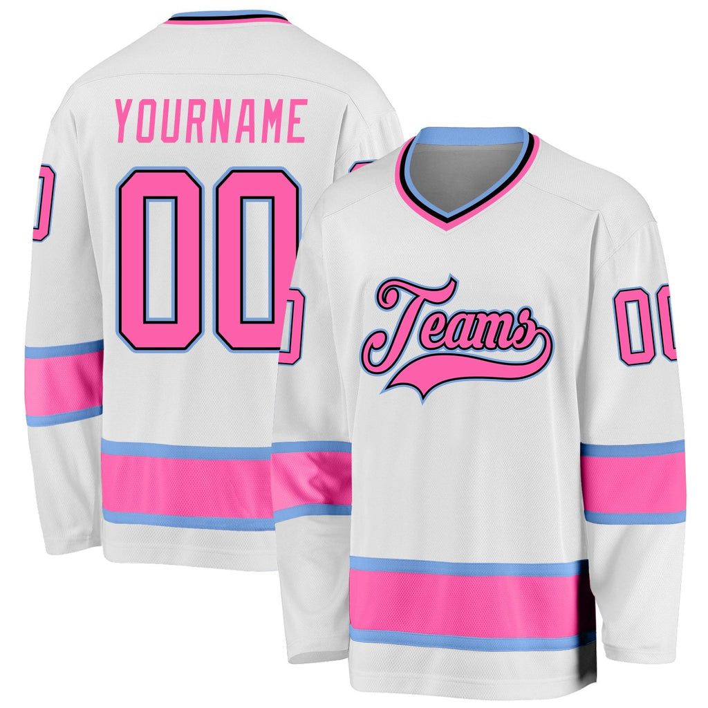 Custom White Pink-Light Blue Hockey Jersey photo 1
