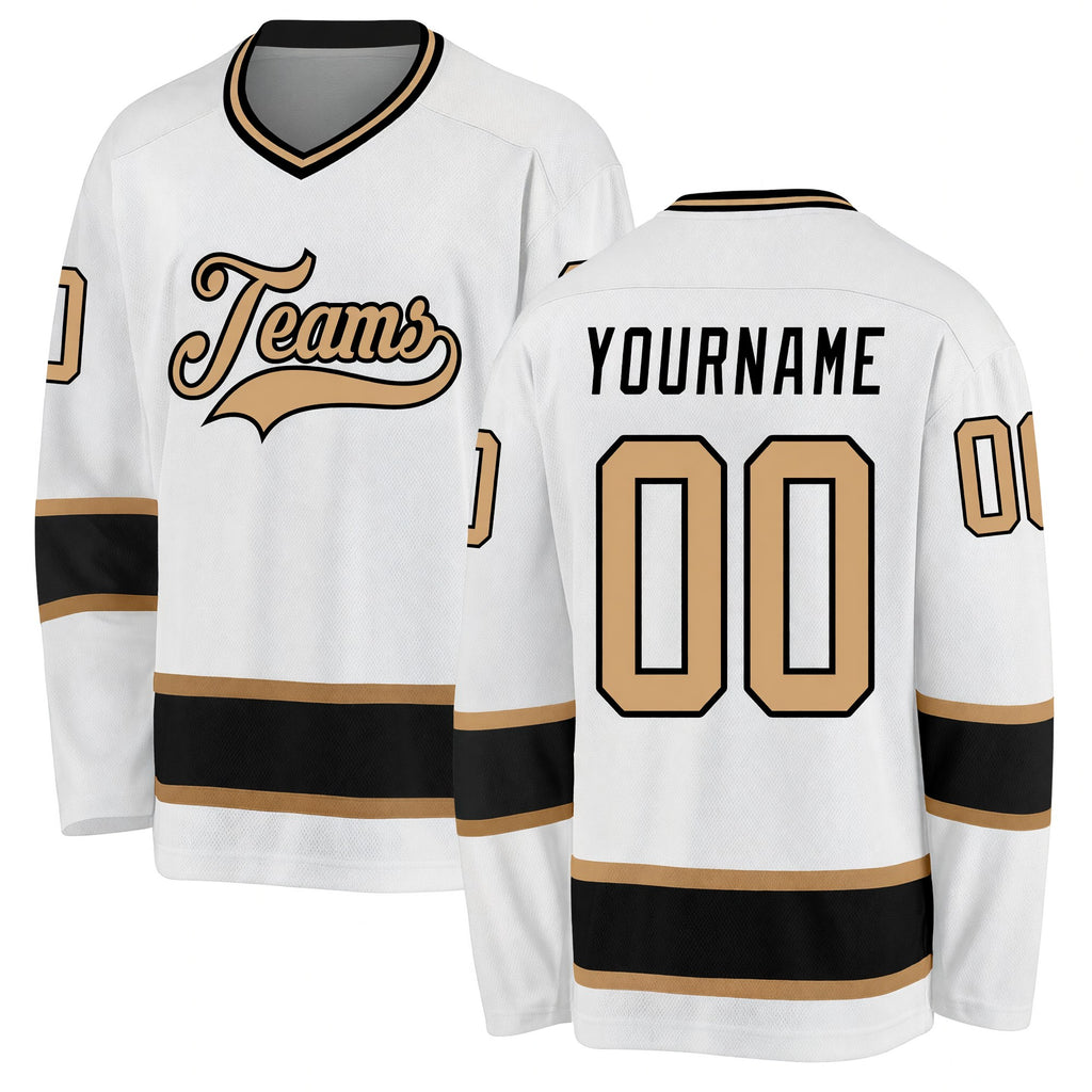 Custom White Old Gold-Black Hockey Jersey