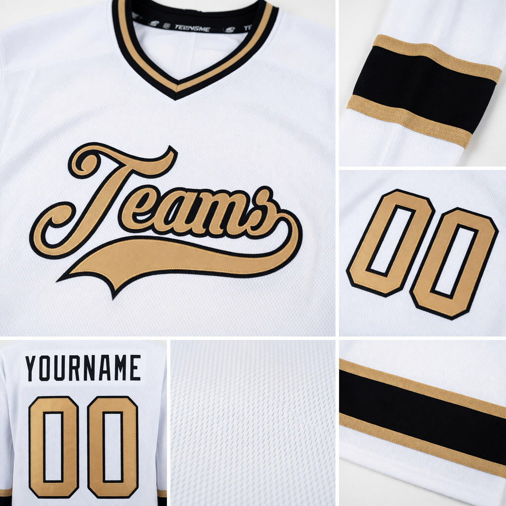 Custom White Old Gold-Black Hockey Jersey detail