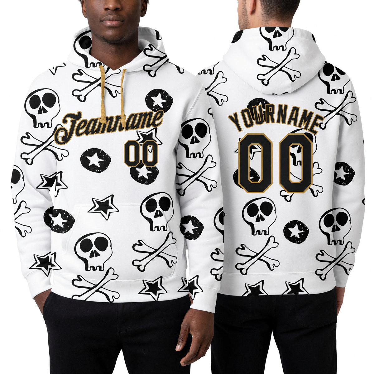 Custom Stitched White Black-Old Gold 3D Skull Fashion Sports Pullover Sweatshirt Hoodie worn front and back