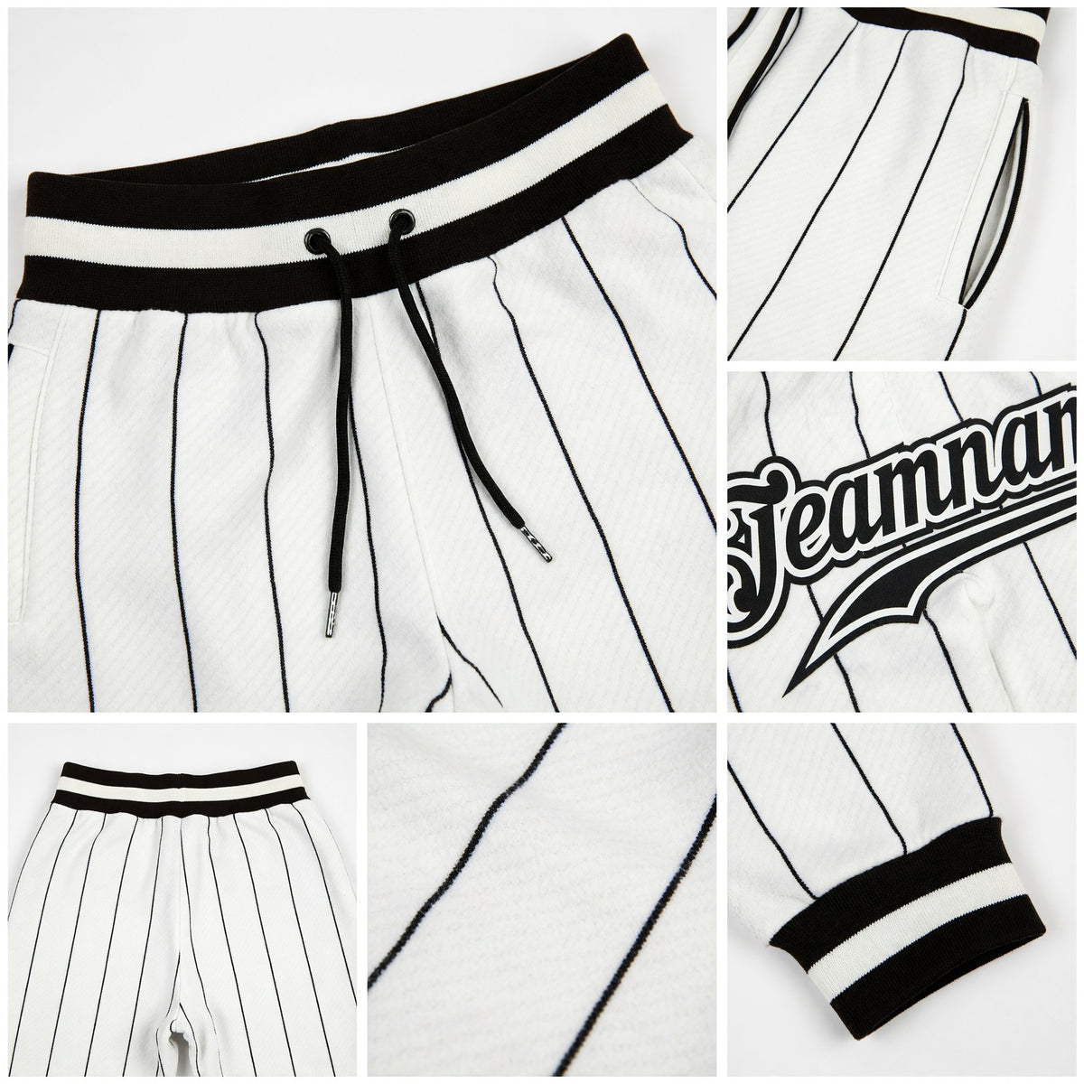 Custom White Black Pinstripe Black-White Sports Pants detail