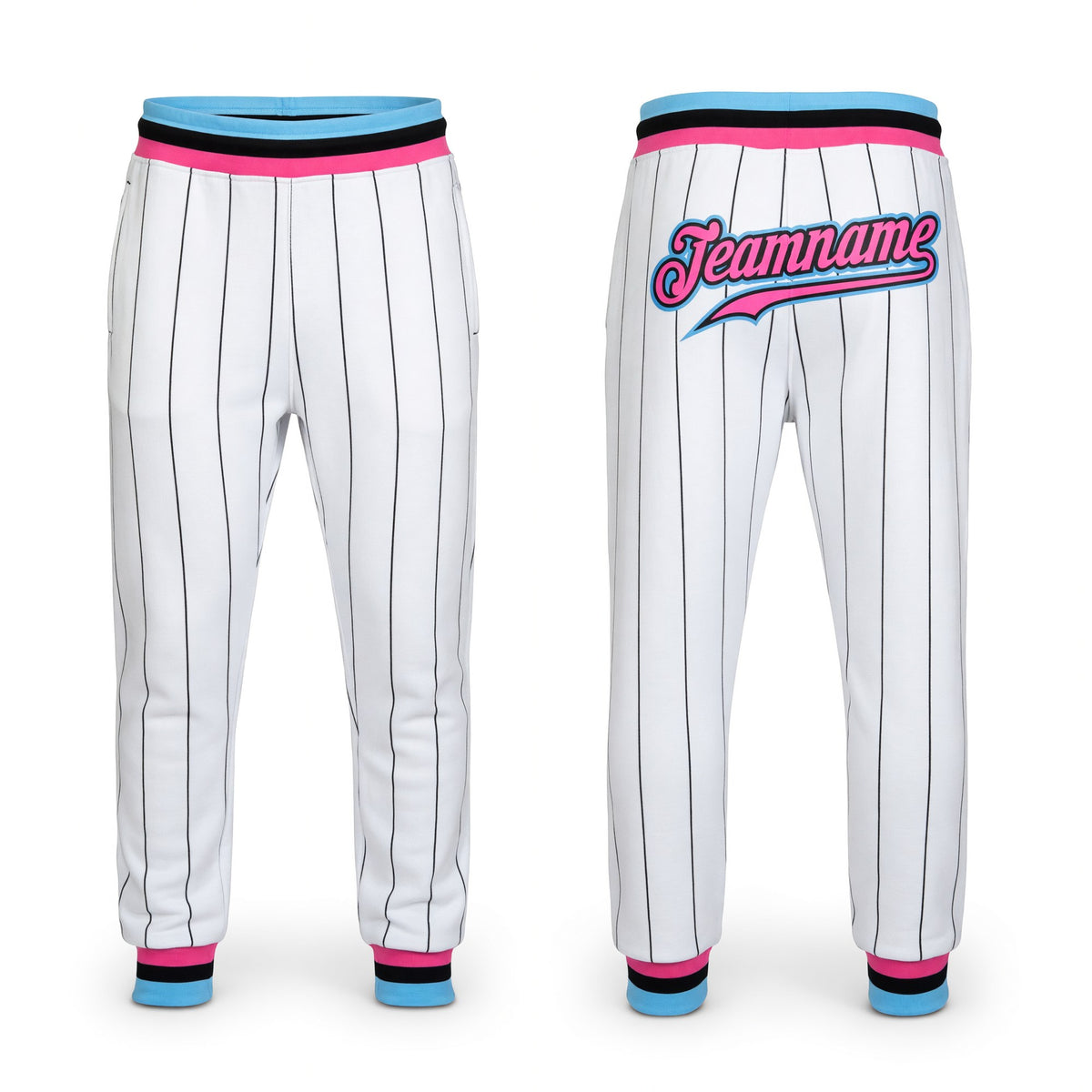 Custom White Black Pinstripe Pink-Light Blue Sports Pants