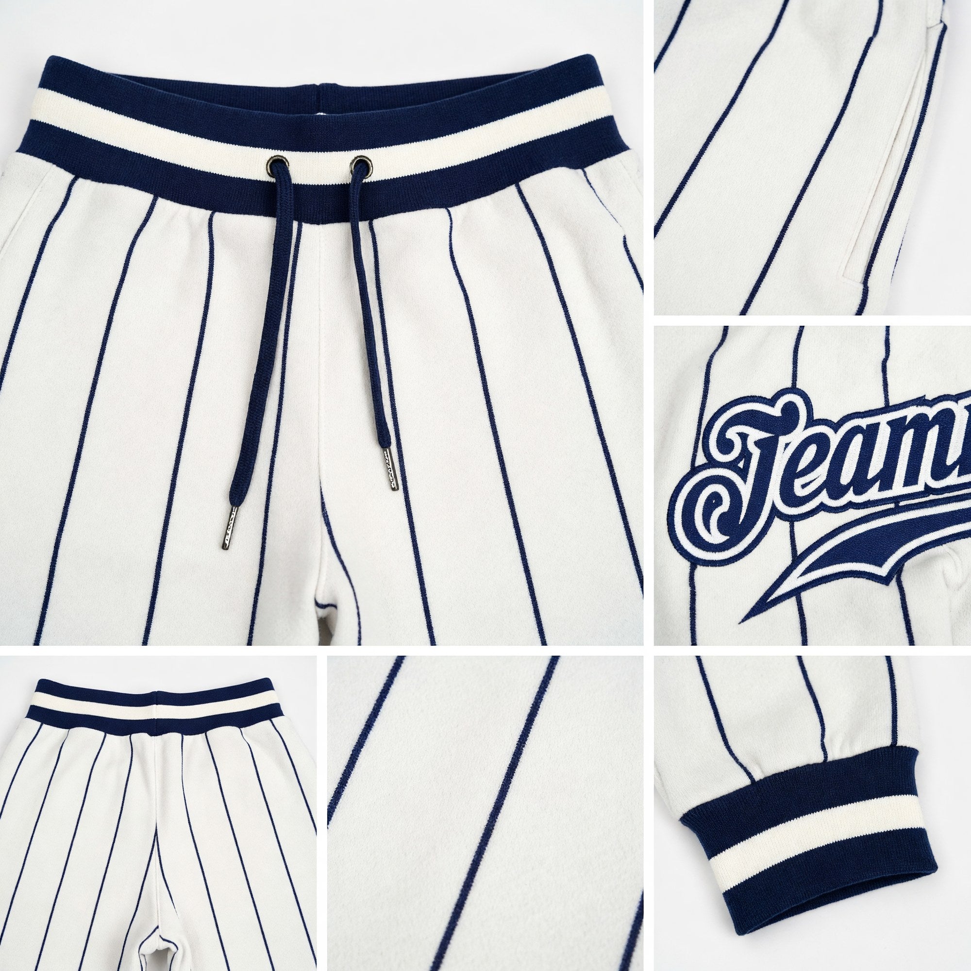 Custom White Navy Pinstripe Navy-White Sports Pants detail