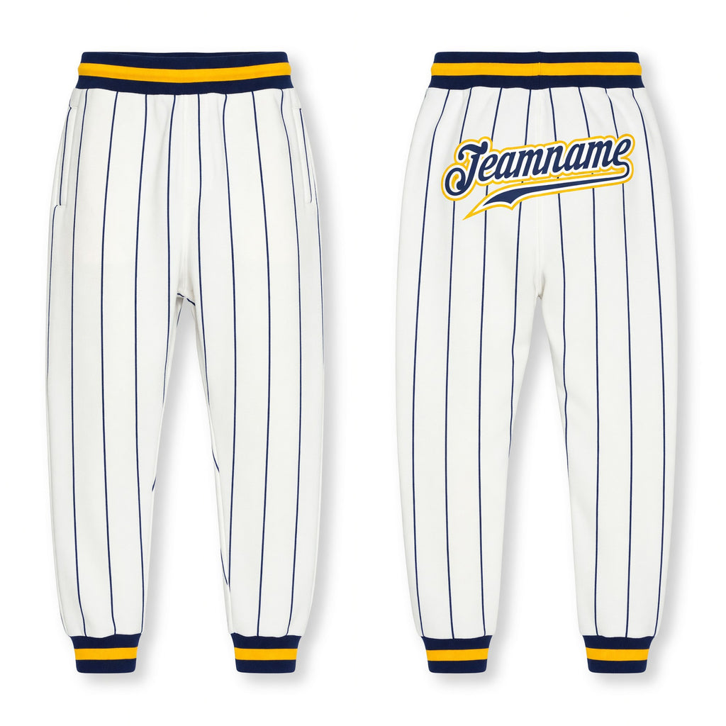 Custom White Navy Pinstripe Navy-Gold Sports Pants