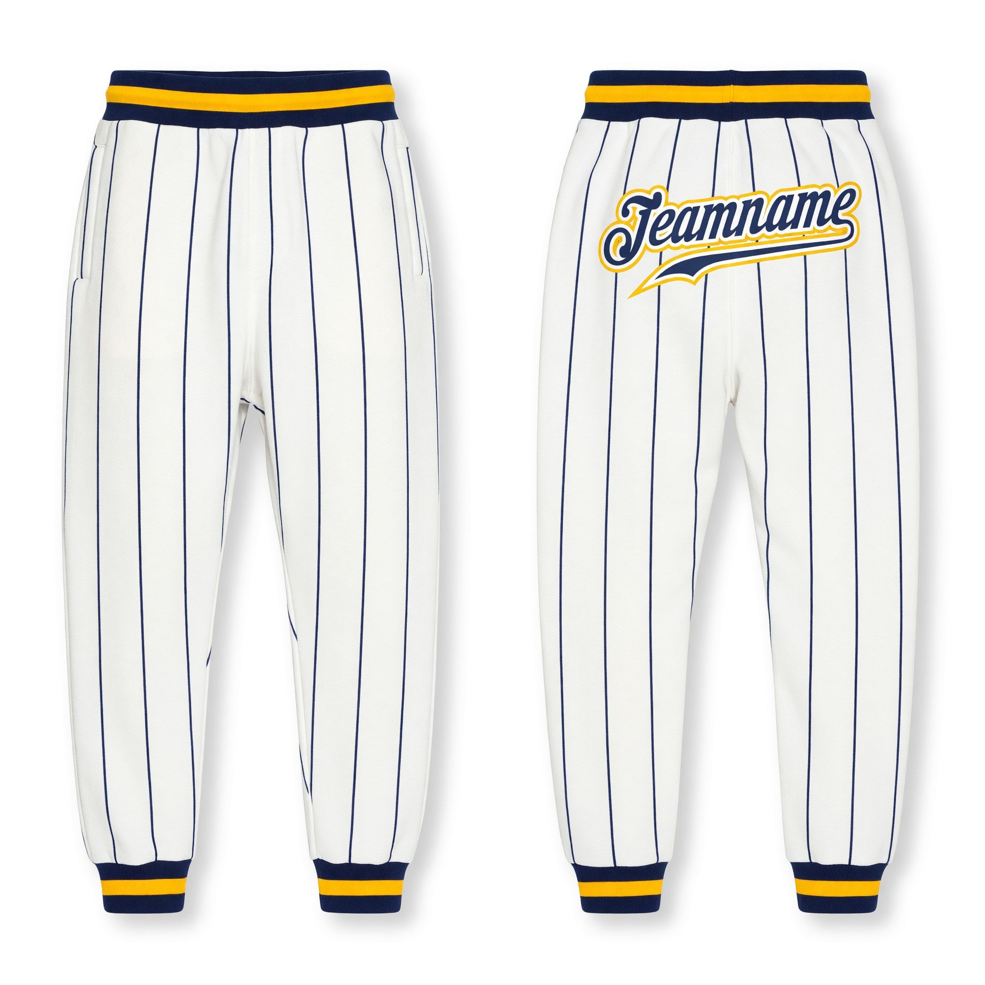 Custom White Navy Pinstripe Navy-Gold Sports Pants