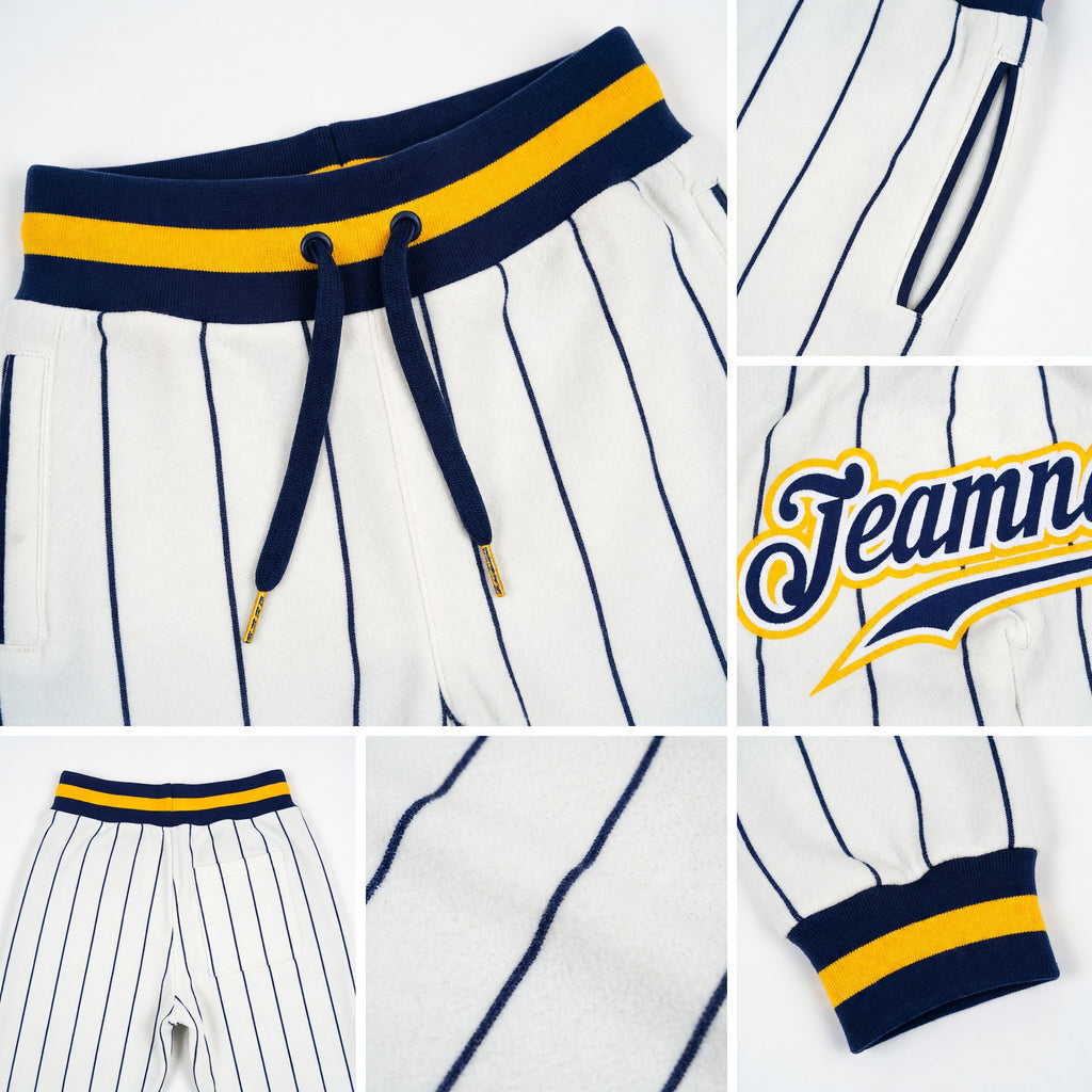 Custom White Navy Pinstripe Navy-Gold Sports Pants detail