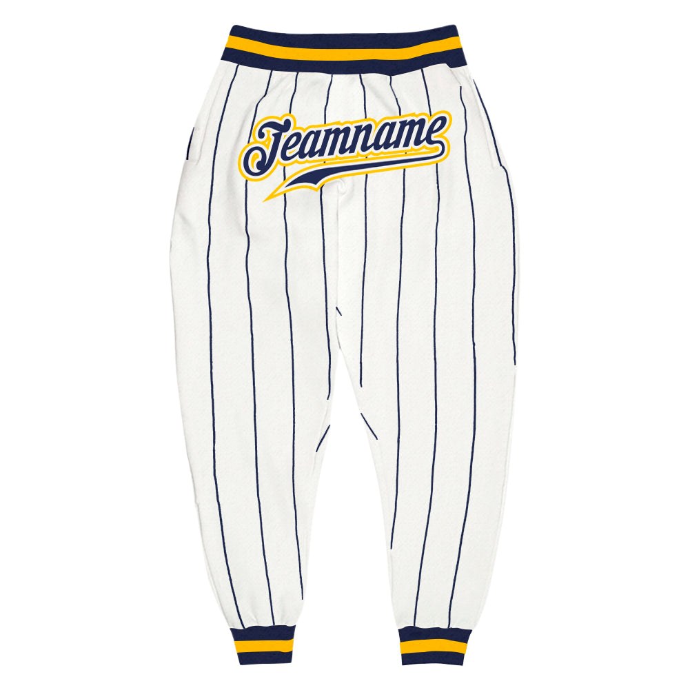 Custom White Navy Pinstripe Navy-Gold Sports Pants photo 1