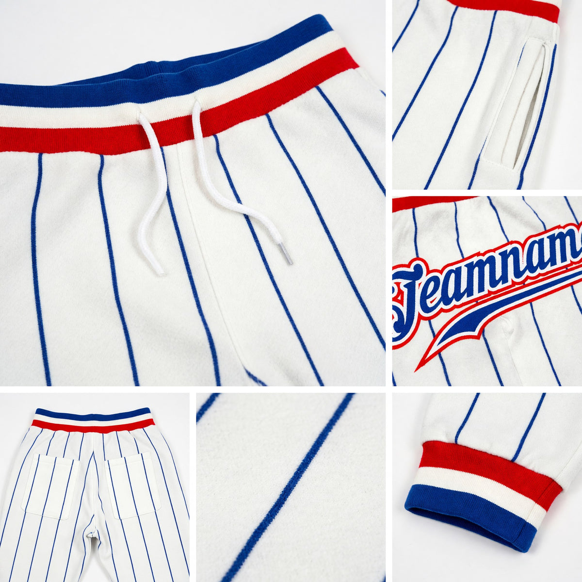 Custom White Royal Pinstripe Royal-Red Sports Pants detail