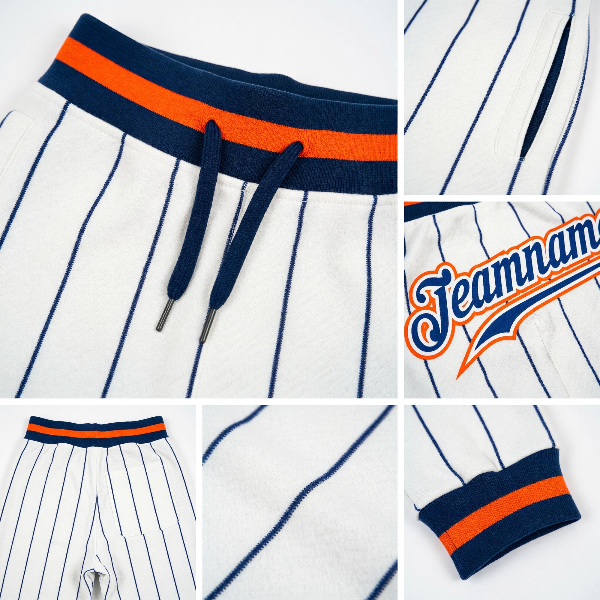 Custom White Royal Pinstripe Royal-Orange Sports Pants detail