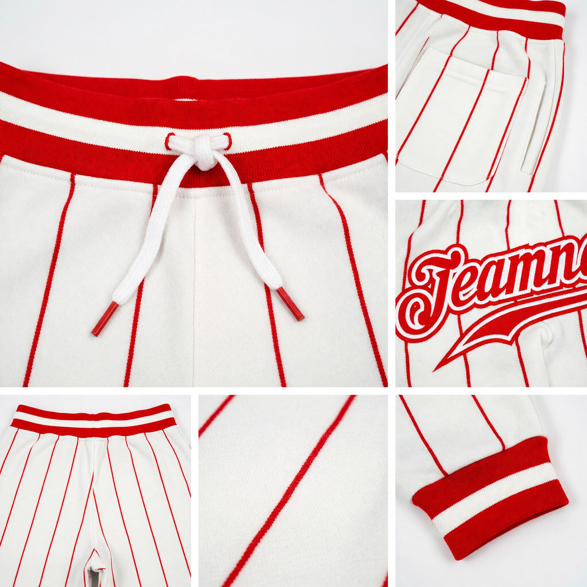 Custom White Red Pinstripe Red-White Sports Pants detail