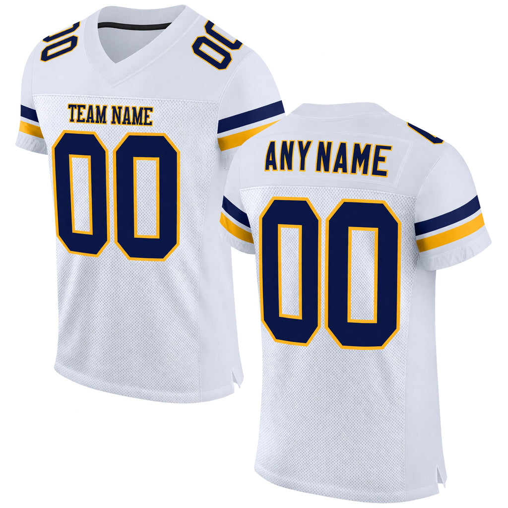 Custom White Navy-Gold Mesh Authentic Football Jersey