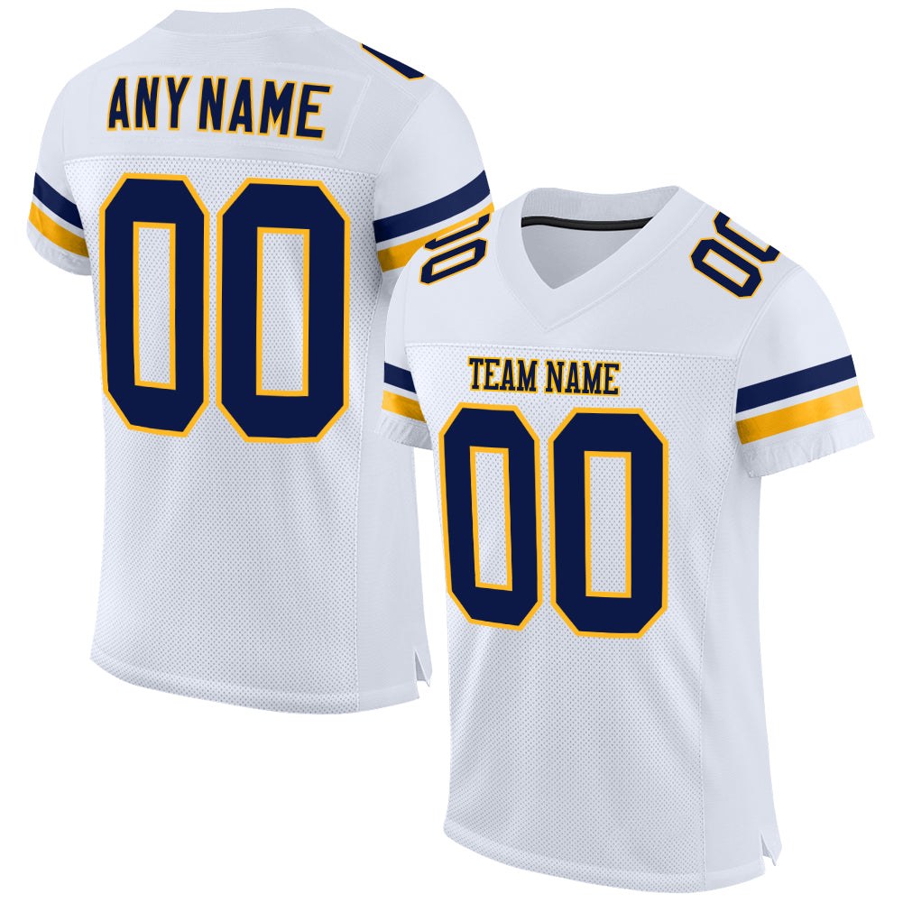 Custom White Navy-Gold Mesh Authentic Football Jersey photo 1