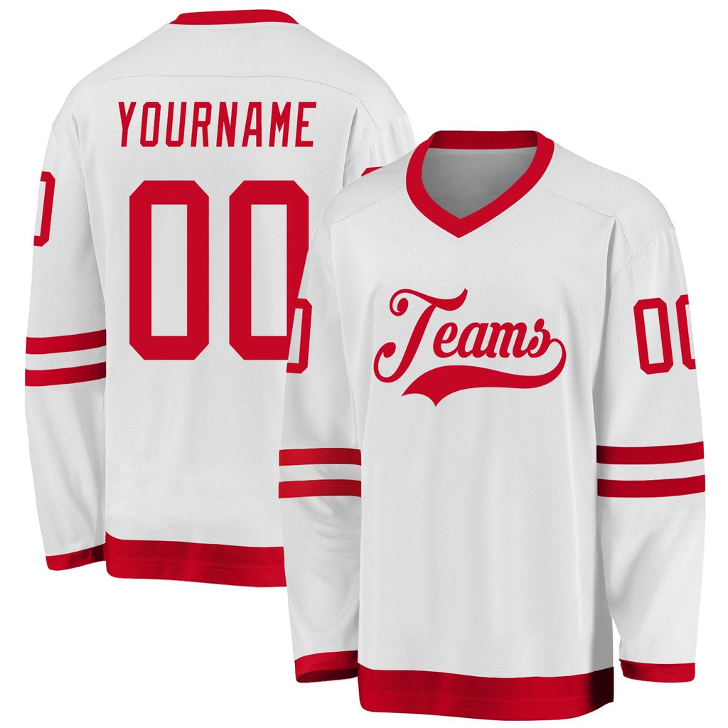 Custom White Red Hockey Jersey photo 1