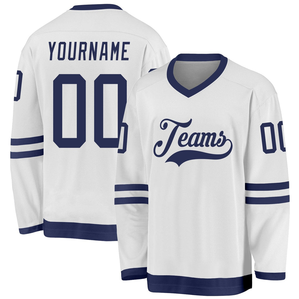 Custom White Navy Hockey Jersey photo 1