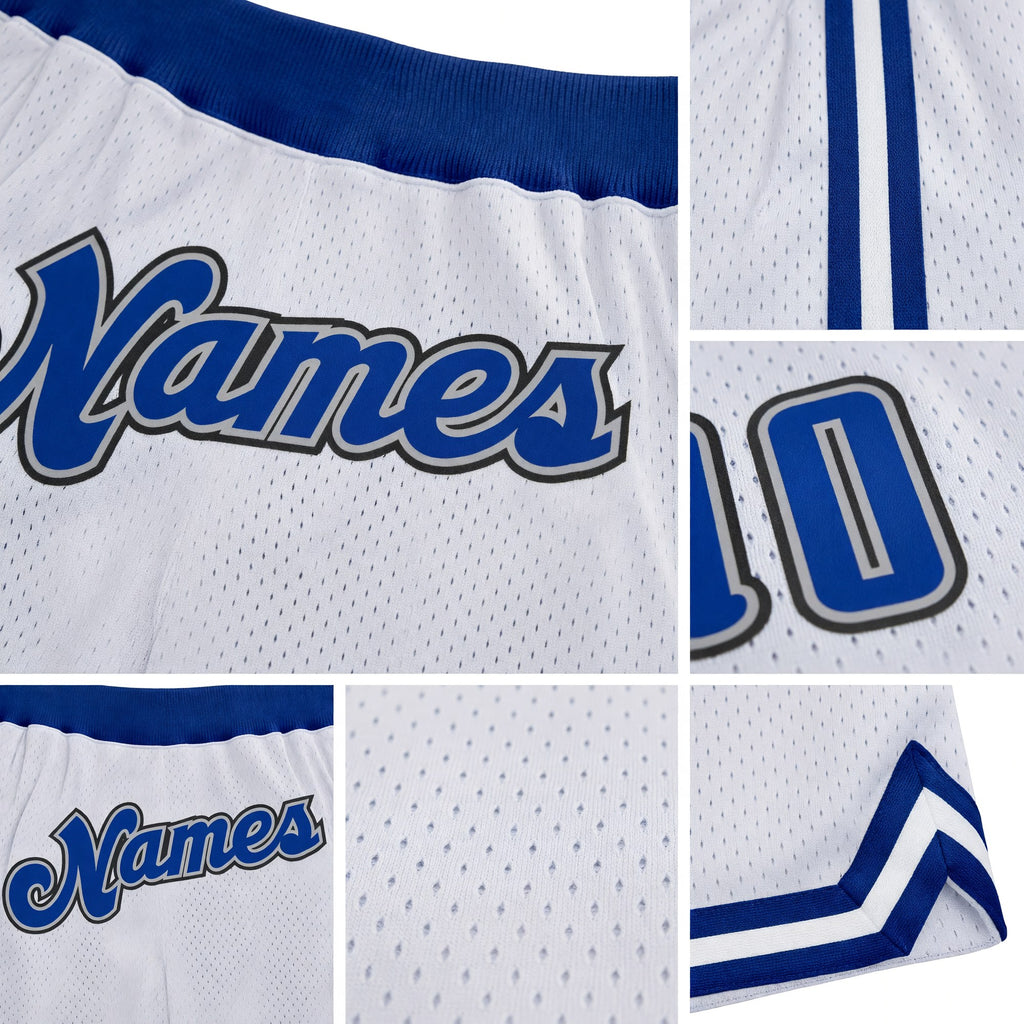 Custom White Royal-Gray Authentic Throwback Basketball Shorts detail