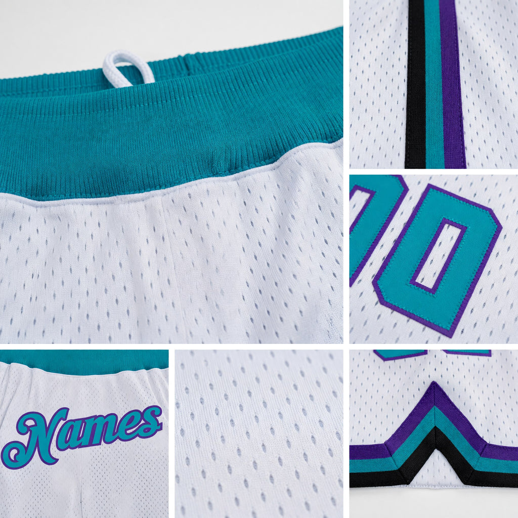 Custom White Teal-Purple Authentic Throwback Basketball Shorts detail