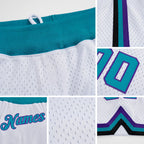 Custom White Teal-Purple Authentic Throwback Basketball Shorts detail
