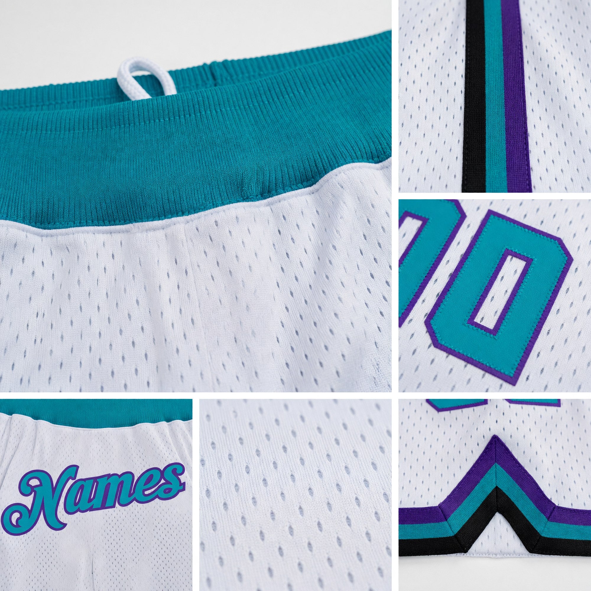 Custom White Teal-Purple Authentic Throwback Basketball Shorts detail