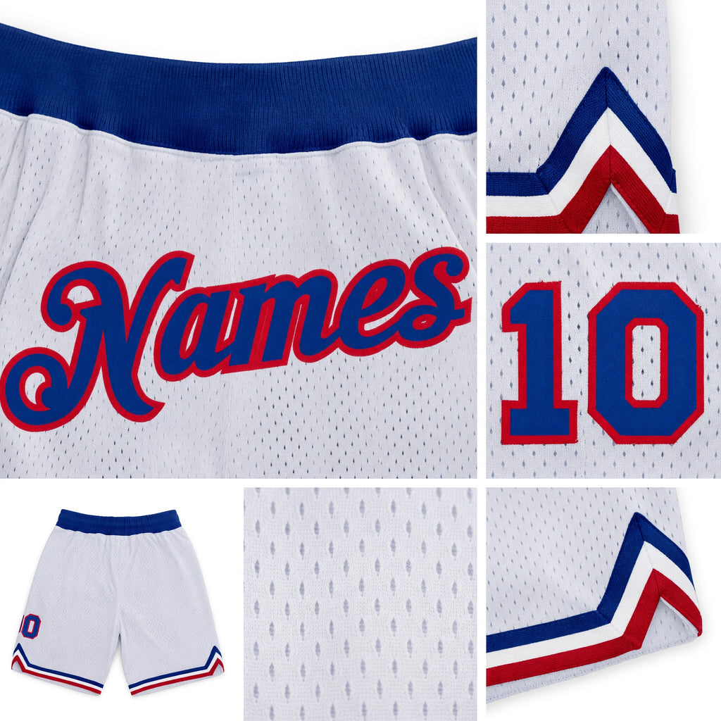 Custom White Royal-Red Authentic Throwback Basketball Shorts detail