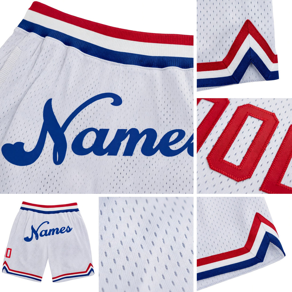 Custom White Royal Authentic Throwback Basketball Shorts detail