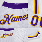 Custom White Purple-Gold Authentic Throwback Basketball Shorts detail