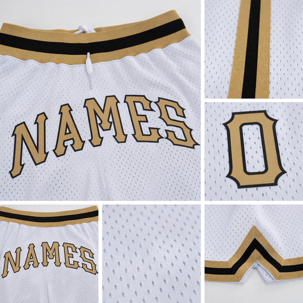 Custom White Old Gold-Black Authentic Throwback Basketball Shorts detail