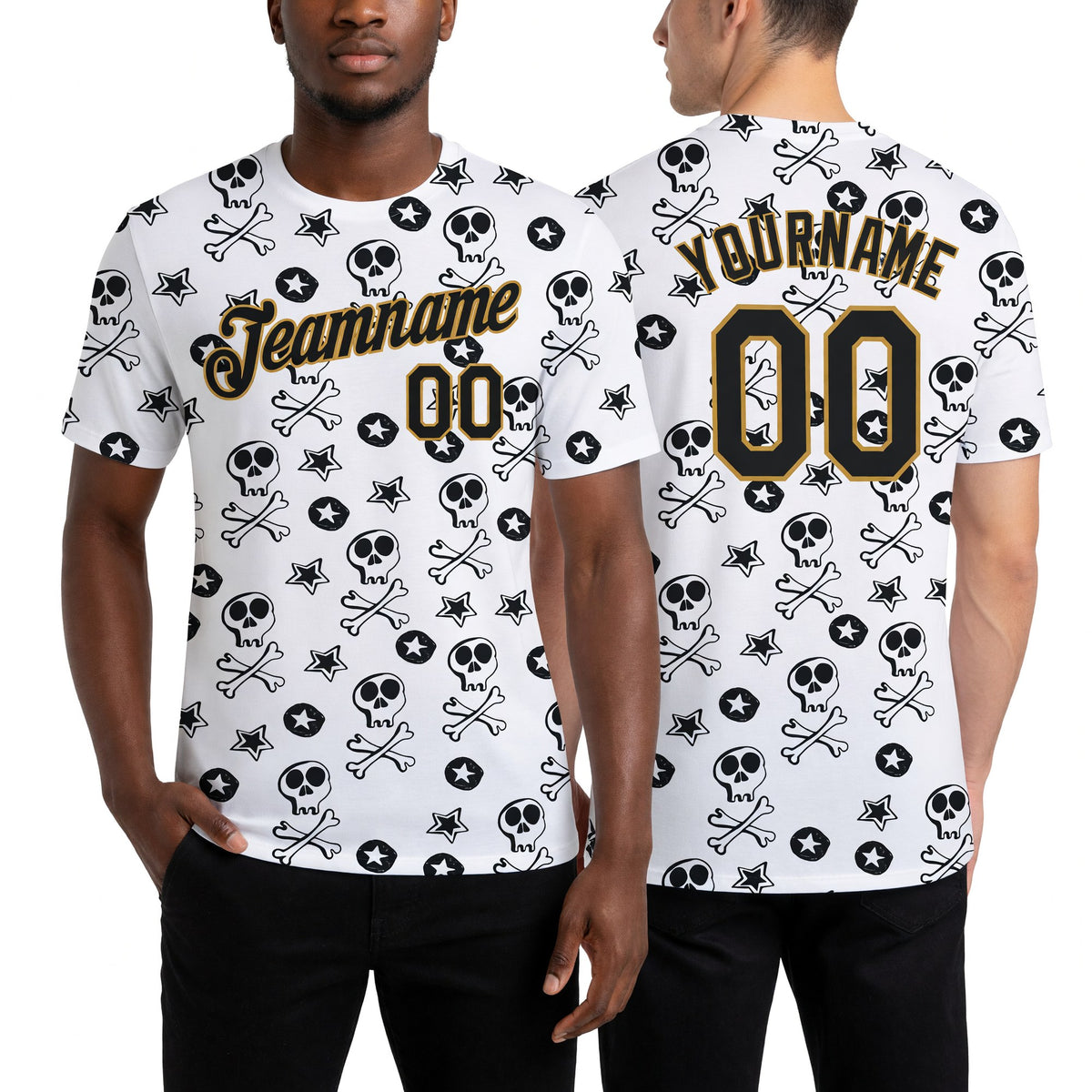 Custom White Black-Old Gold 3D Skull Fashion Performance T-Shirt worn front and back