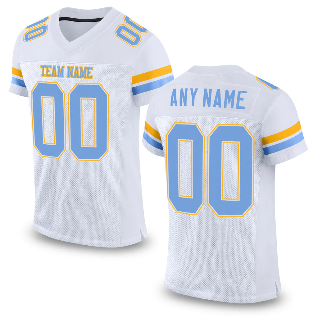 Custom White Light Blue-Gold Mesh Authentic Football Jersey
