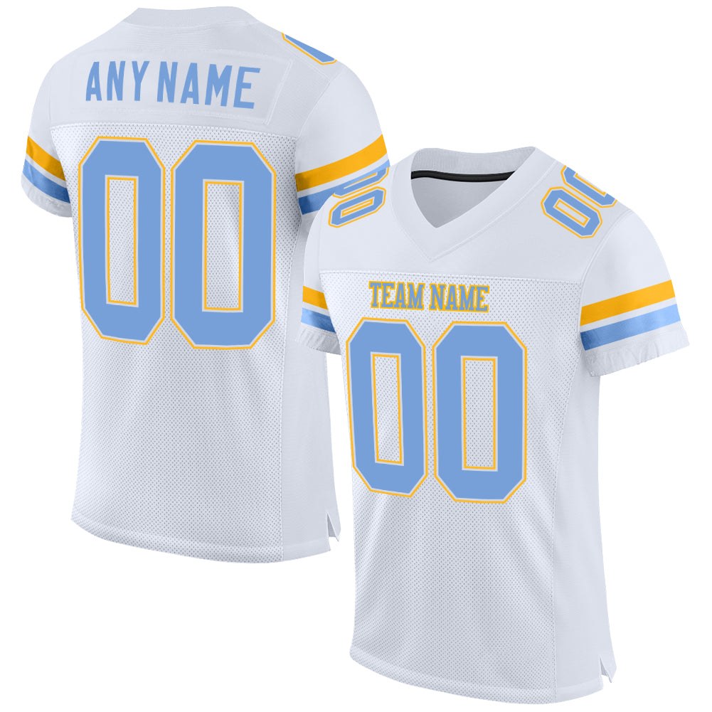 Custom White Light Blue-Gold Mesh Authentic Football Jersey photo 1