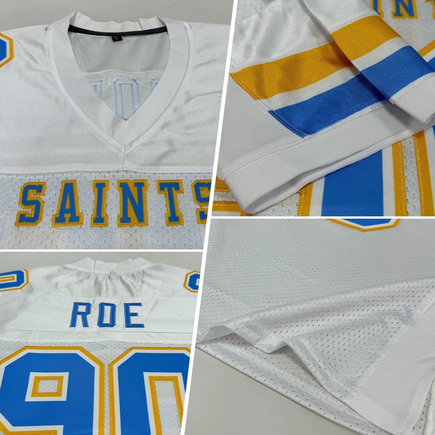 Custom White Light Blue-Gold Mesh Authentic Football Jersey photo 2