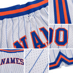 Custom White Royal Pinstripe Royal-Orange Authentic Basketball Shorts detail