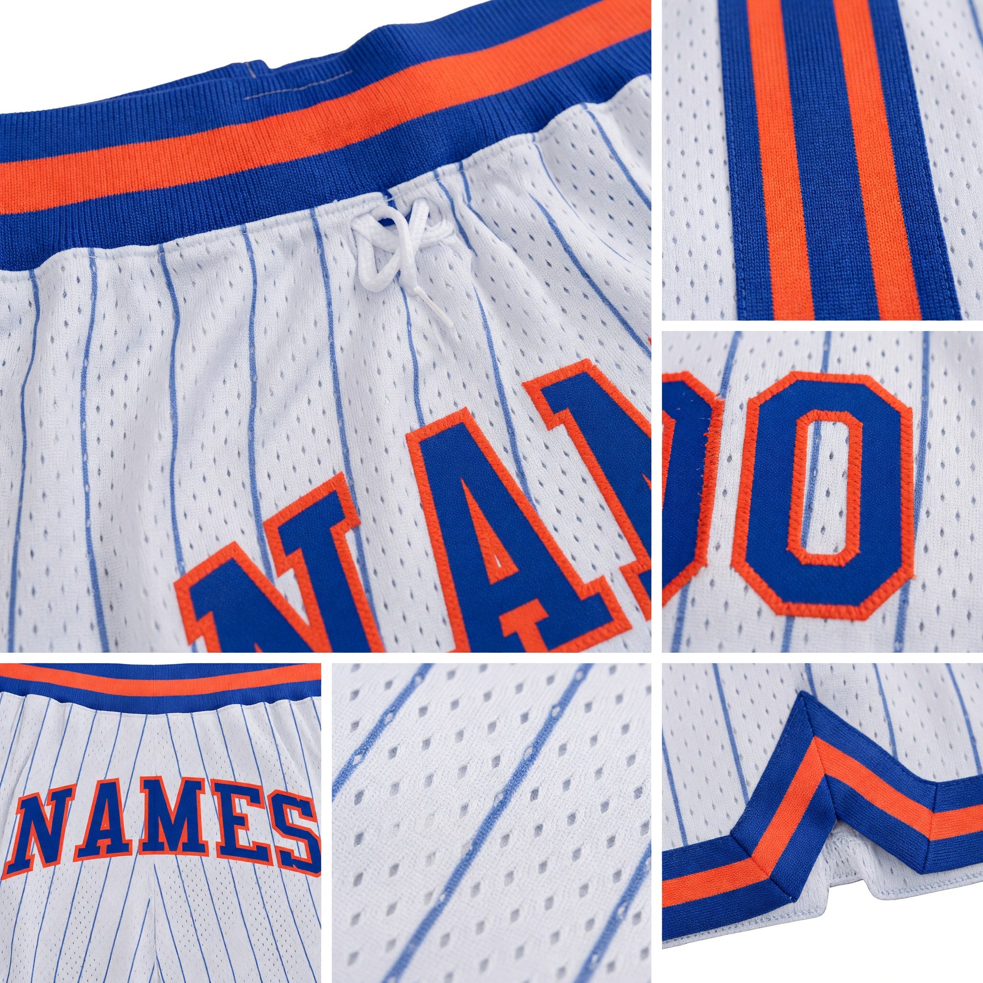 Custom White Royal Pinstripe Royal-Orange Authentic Basketball Shorts detail