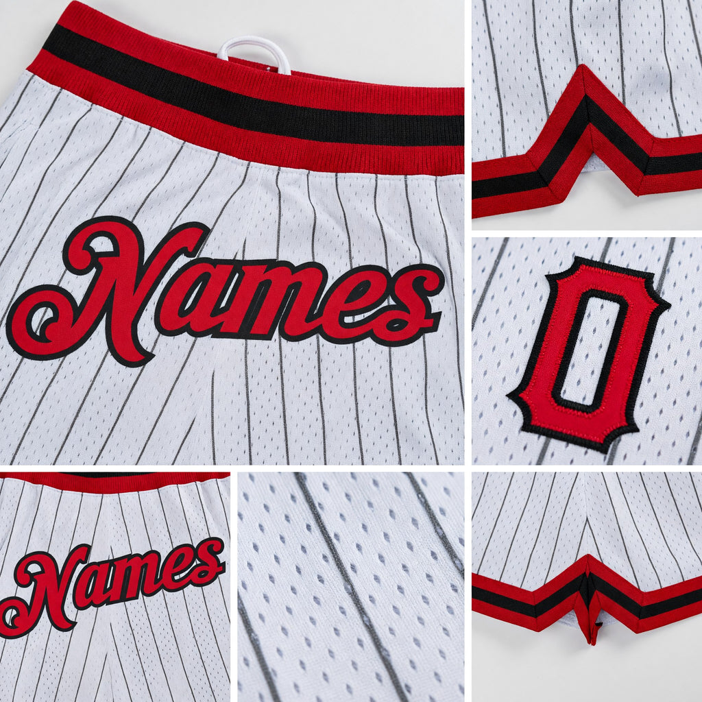 Custom White Black Pinstripe Red-Black Authentic Basketball Shorts detail