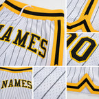 Custom White Black Pinstripe Black-Gold Authentic Basketball Shorts detail