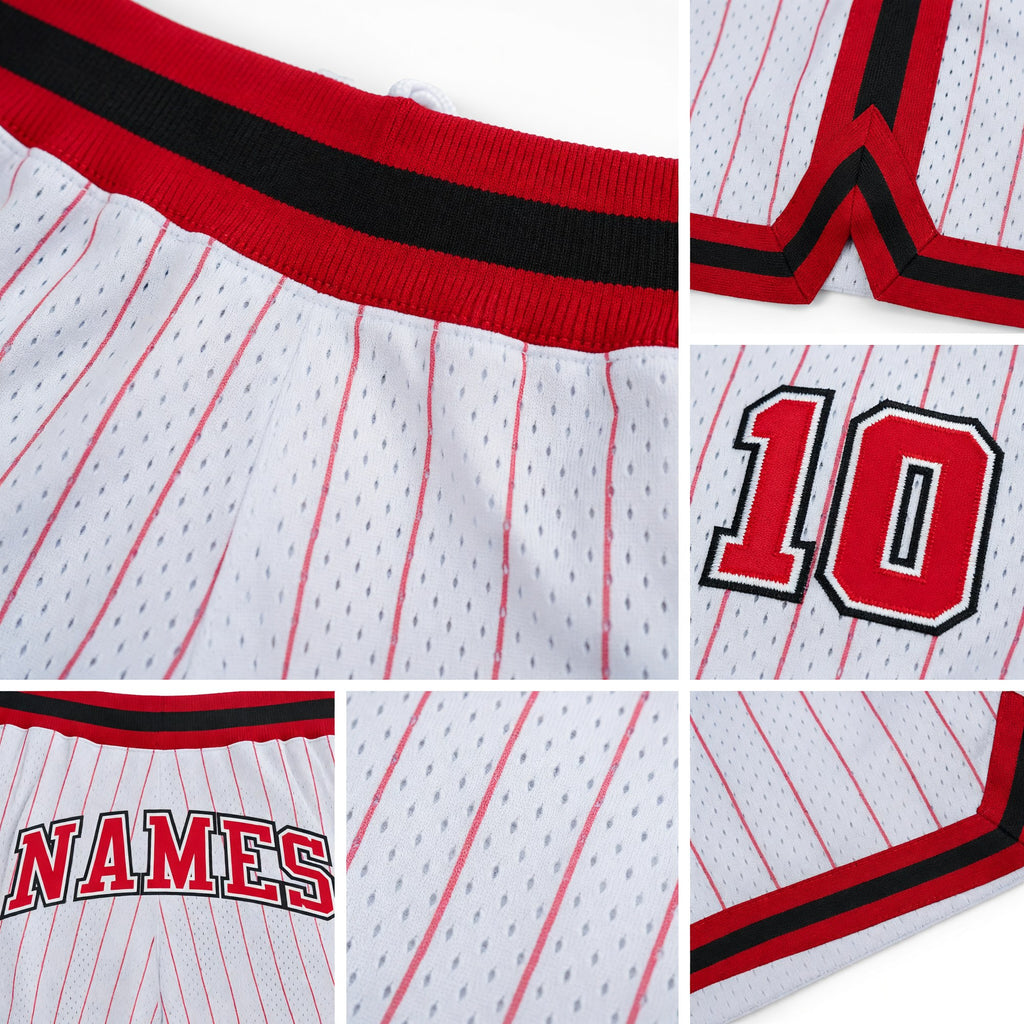 Custom White Red Pinstripe Red-Black Authentic Basketball Shorts detail