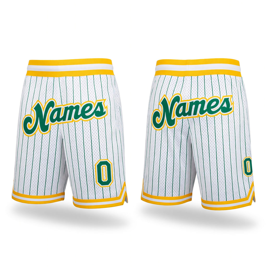 Custom White Kelly Green Pinstripe Kelly Green-Gold Authentic Basketball Shorts
