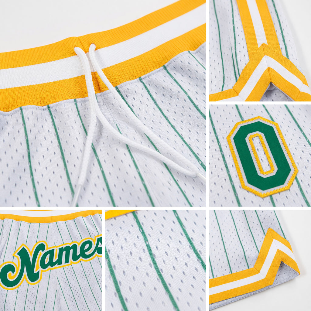 Custom White Kelly Green Pinstripe Kelly Green-Gold Authentic Basketball Shorts detail