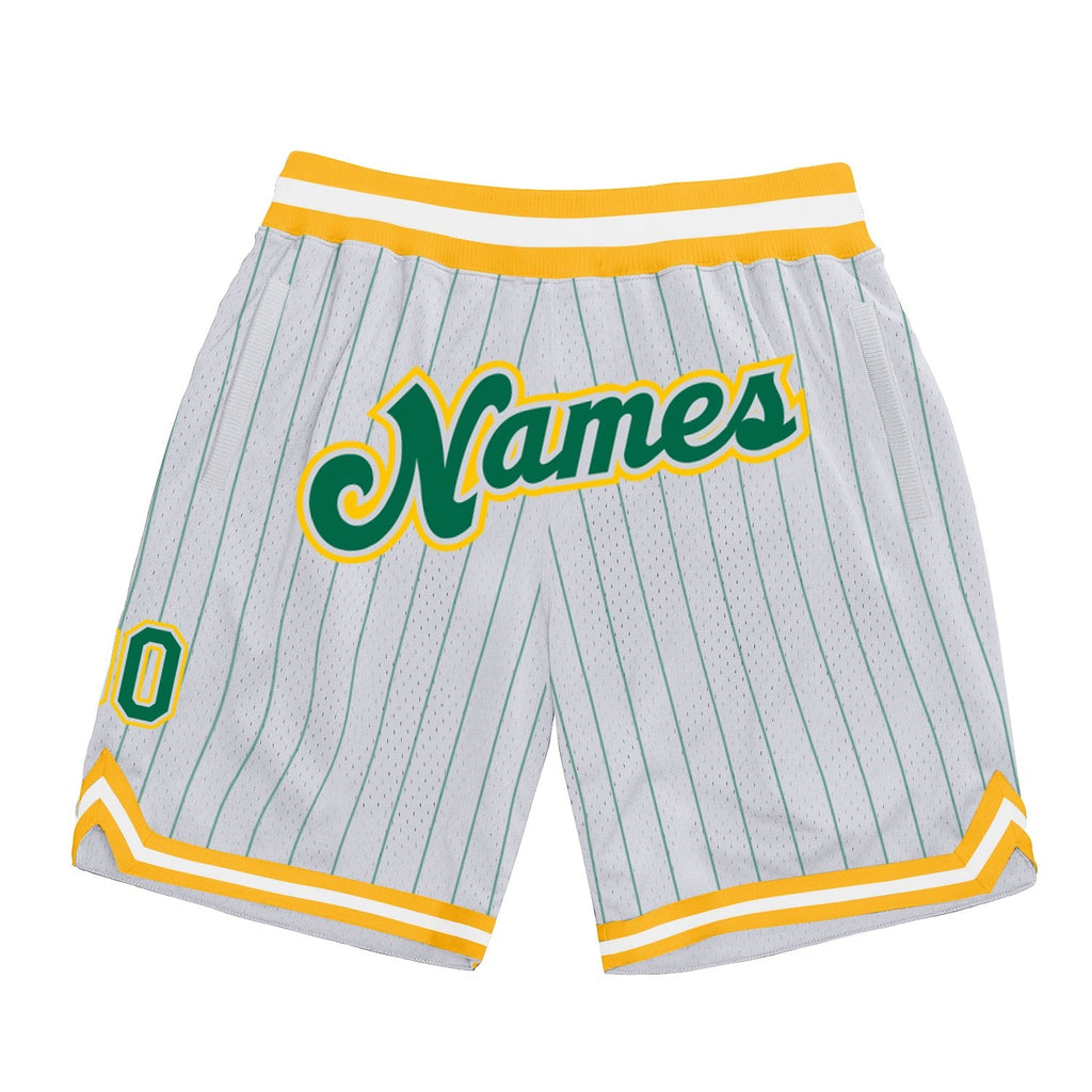 Custom White Kelly Green Pinstripe Kelly Green-Gold Authentic Basketball Shorts photo 1