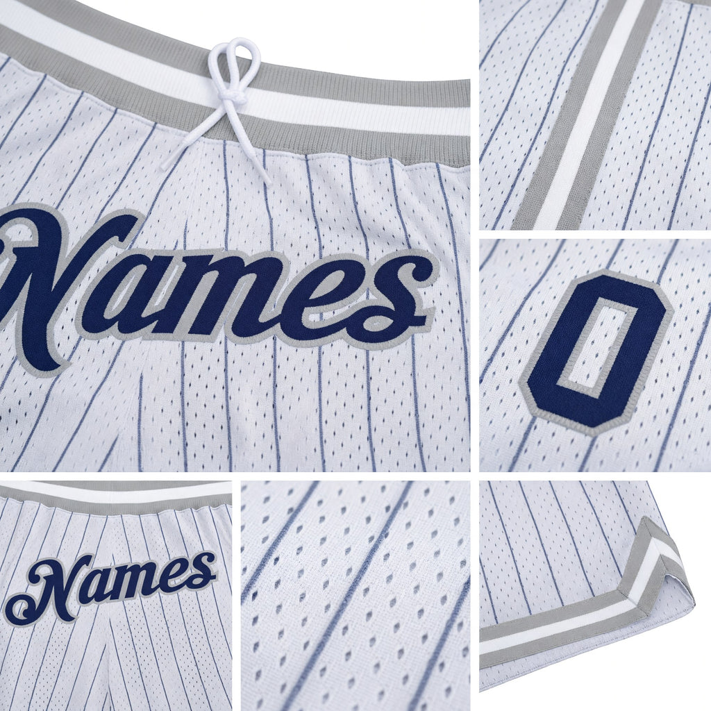 Custom White Navy Pinstripe Navy-Gray Authentic Basketball Shorts detail