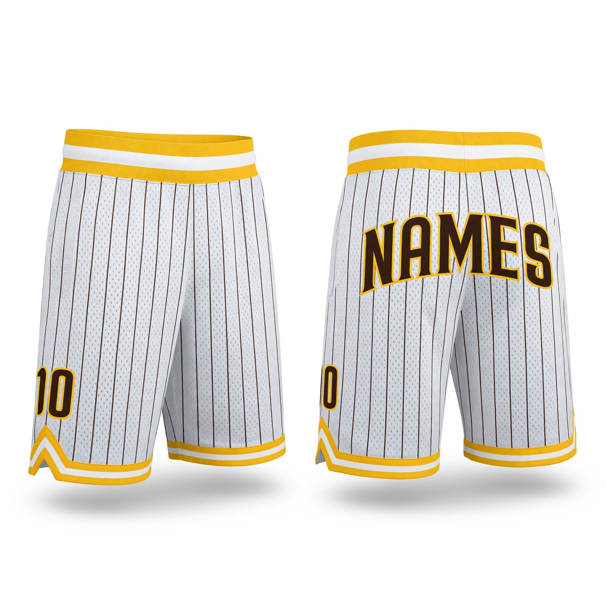 Custom White Brown Pinstripe Brown-Gold Authentic Basketball Shorts
