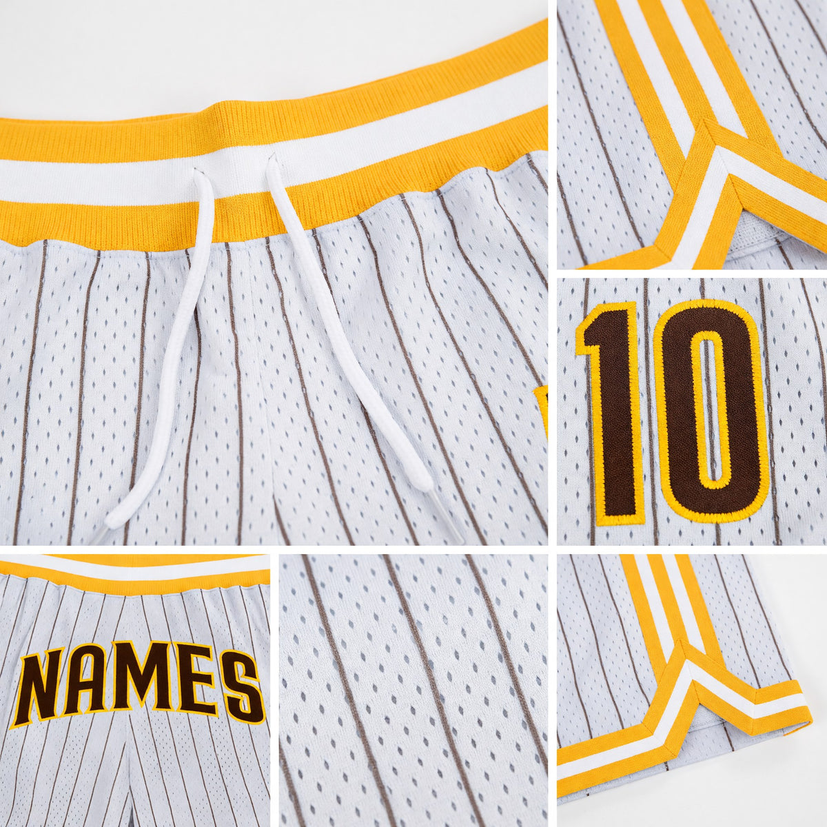 Custom White Brown Pinstripe Brown-Gold Authentic Basketball Shorts detail
