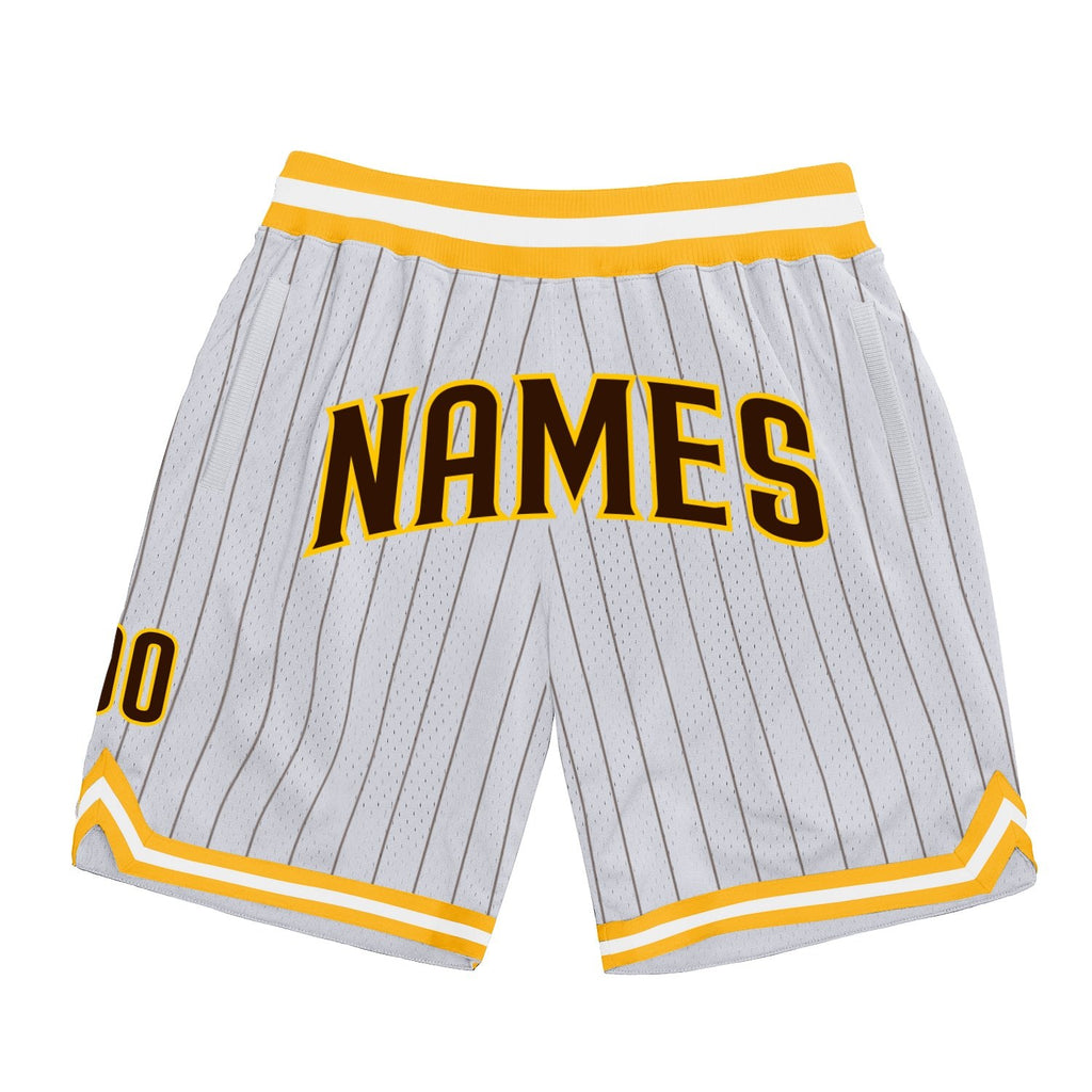 Custom White Brown Pinstripe Brown-Gold Authentic Basketball Shorts photo 1