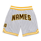 Custom White Brown Pinstripe Brown-Gold Authentic Basketball Shorts photo 1