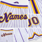 Custom White Purple Pinstripe Purple-Gold Authentic Basketball Shorts detail
