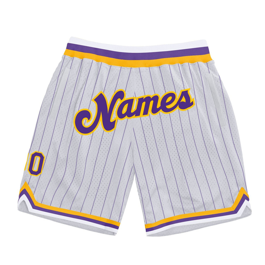 Custom White Purple Pinstripe Purple-Gold Authentic Basketball Shorts photo 1