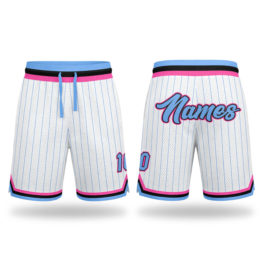 Custom White Light Blue Pinstripe Light Blue-Pink Authentic Basketball Shorts