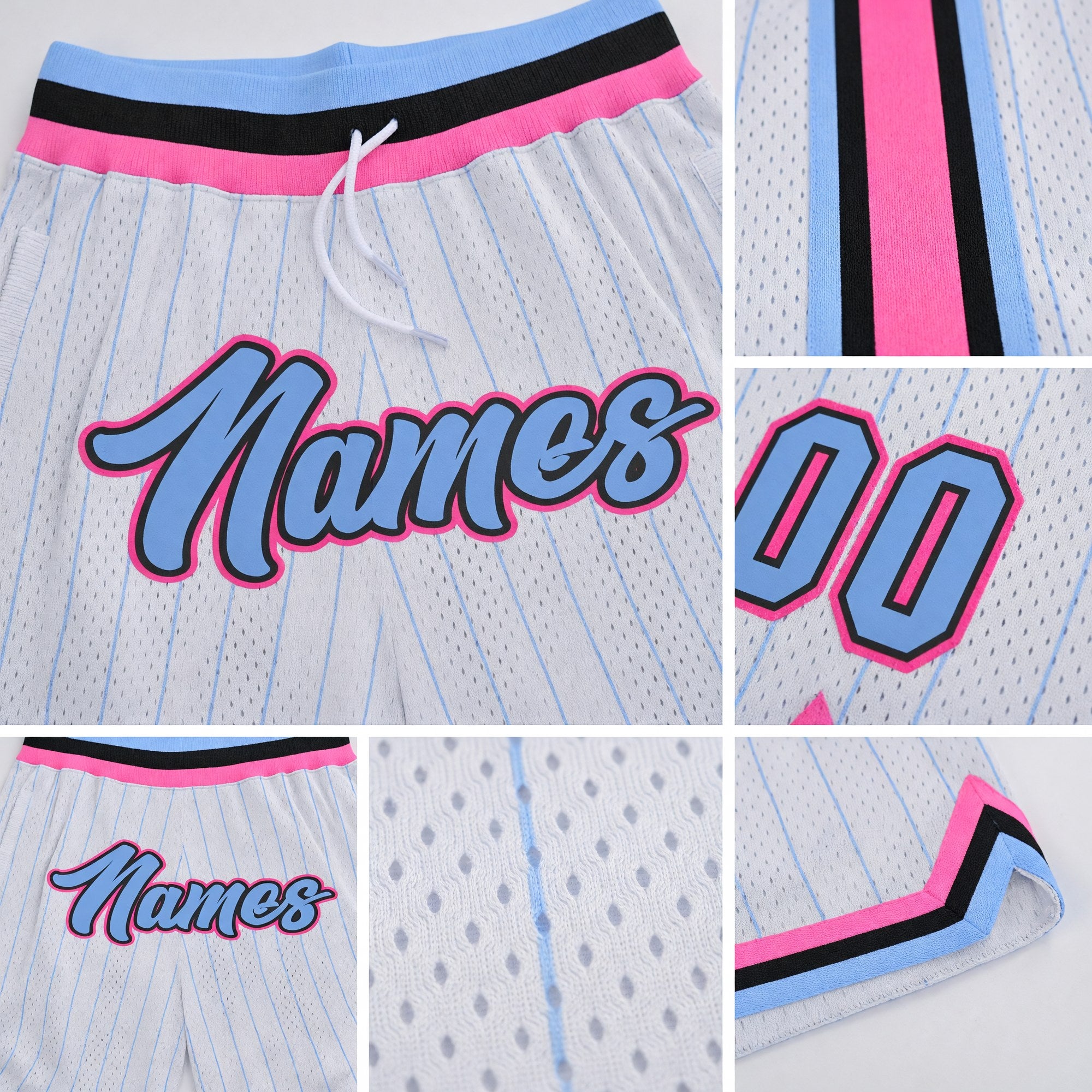 Custom White Light Blue Pinstripe Light Blue-Pink Authentic Basketball Shorts detail