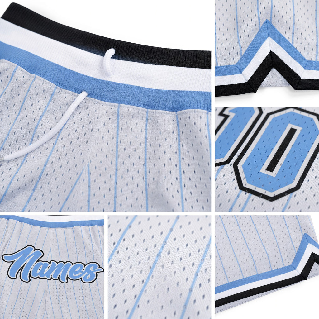 Custom White Light Blue Pinstripe Light Blue-Black Authentic Basketball Shorts detail