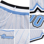 Custom White Light Blue Pinstripe Light Blue-Black Authentic Basketball Shorts detail