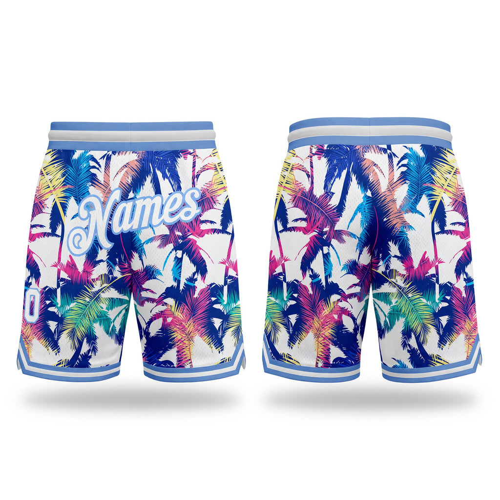 Custom White White-Light Blue 3D Pattern Design Palm Trees Authentic Basketball Shorts